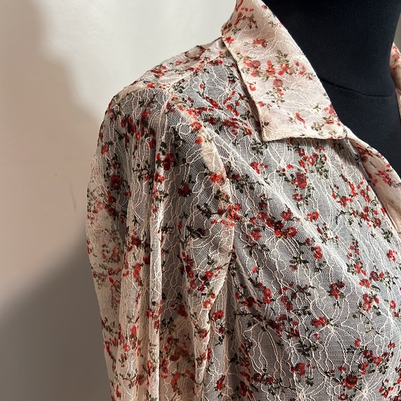American Rag Pink Mesh Floral Button Down Blouse with Red Flowers - Picture 4 of 10
